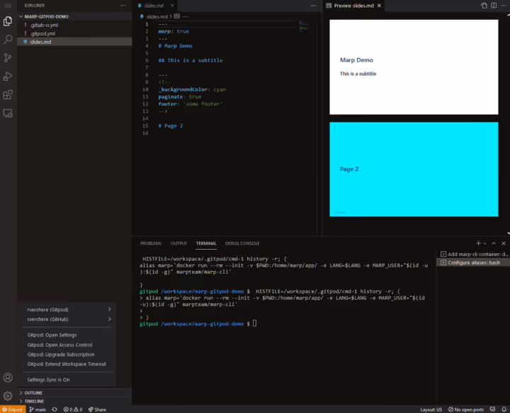 Gitpod Workspace avec Marp